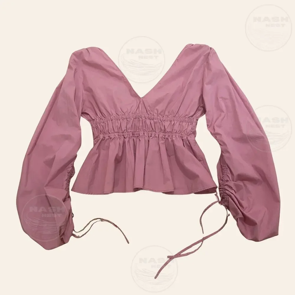 STAUD M Shelby Top Pink | Feminine Peplum, Bows Balloon Puff Cottage Blouse $275